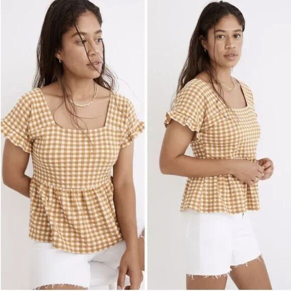 NEW Madewell Gingham Knit Ruffle-Hem Top, color: gold, L - Picture 1 of 16